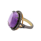 Natural Amethyst Gemstone And Diamond 925 Silver Gold Plated Ring