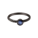 Round Shaped Blue Sapphire Gemstone 925 Sterling Silver Hammered Black Rhodium Plated Ring