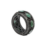 Black Rhodium Plated Natural Emerald Gemstone and Diamond 925 Sterling Silver Band Ring