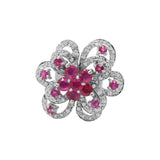 Flower Shaped Natural Ruby Gemstone and Diamond 925 Sterling Silver Gold Plated Ring