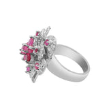 Flower Shaped Natural Ruby Gemstone and Diamond 925 Sterling Silver Gold Plated Ring