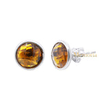 Natural Citrine Gemstone 925 Sterling Silver Gold Plated Bezel Set Stud Earring