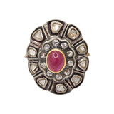 Natural Ruby Gemstone and Polki Diamond 925 Sterling Silver Gold Plated Ring