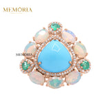 Natural Turquoise, Diamond Opal Gemstone 925 Sterling Silver Ring