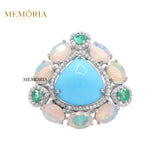 Natural Turquoise, Diamond Opal Gemstone 925 Sterling Silver Ring
