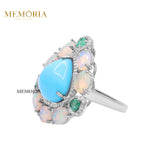 Natural Turquoise, Diamond Opal Gemstone 925 Sterling Silver Ring