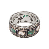 Natural Emerald and Polki Diamond 925 Sterling Silver Gold Plated Ring