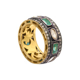 Natural Emerald and Polki Diamond 925 Sterling Silver Gold Plated Ring