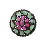 Floral Natural Emerald, Diamond and Ruby Gemstone 925 Silver Black Rhodium Plated Ring
