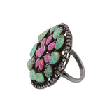 Floral Natural Emerald, Diamond and Ruby Gemstone 925 Silver Black Rhodium Plated Ring