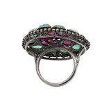 Floral Natural Emerald, Diamond and Ruby Gemstone 925 Silver Black Rhodium Plated Ring
