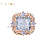 Natural Aquamarine, Opal and Diamond 925 Sterling Silver Ring