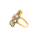 Beautiful Polki Diamond & Ruby Gemstone 925 Sterling Silver Gold Plated Cocktail Ring