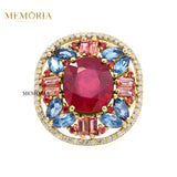Natural Ruby and Multi Gemstone & Diamond 925 Sterling Silver Ring