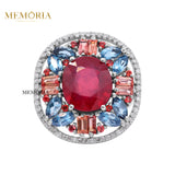 Natural Ruby and Multi Gemstone & Diamond 925 Sterling Silver Ring