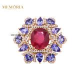 925 Sterling Silver Natural Ruby, Tanzanite Gemstone With Diamond Ring