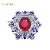 925 Sterling Silver Natural Ruby, Tanzanite Gemstone With Diamond Ring