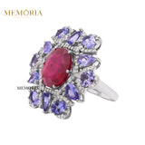 925 Sterling Silver Natural Ruby, Tanzanite Gemstone With Diamond Ring