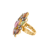 Natural Multi Tourmaline and Diamond 925 Silver Gold Plated Designer Ring