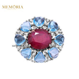 Natural Ruby, Blue Topaz Gemstone and Diamond 925 Sterling Silver Ring