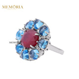 Natural Ruby, Blue Topaz Gemstone and Diamond 925 Sterling Silver Ring