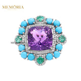 Natural Amethyst, Turquoise Gemstone With Diamond 925 Sterling Silver Ring
