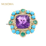 Natural Amethyst, Turquoise Gemstone With Diamond 925 Sterling Silver Ring