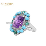 Natural Amethyst, Turquoise Gemstone With Diamond 925 Sterling Silver Ring