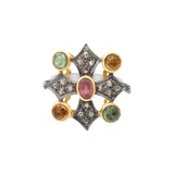 Natural Multi Sapphire Gemstone and Diamond 925 Sterling Silver Gold Plated Ring