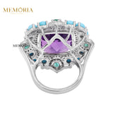 Natural Amethyst, Turquoise Gemstone With Diamond 925 Sterling Silver Ring