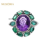 Natural Amethyst, Emerald Gemstone With Diamond 925 Sterling Silver Ring