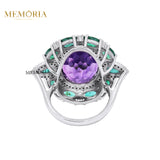 Natural Amethyst, Emerald Gemstone With Diamond 925 Sterling Silver Ring