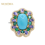 Natural Turquoise, Emerald Gemstone and Diamond 925 Sterling Silver Ring