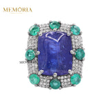 Natural Tanzanite, Emerald Gemstone With Diamond 925 Sterling Silver Ring