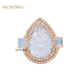 Natural Aquamarine, Opal Gemstone With Diamond 925 Sterling Silver Gold Plated Ring