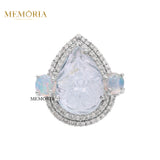 Natural Aquamarine, Opal Gemstone With Diamond 925 Sterling Silver Gold Plated Ring