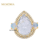 Natural Aquamarine, Opal Gemstone With Diamond 925 Sterling Silver Gold Plated Ring