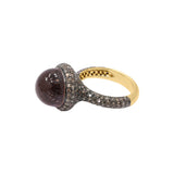 Natural Round Smoky Quartz With Diamond 925 Sterling Silver Gold Plated Ring