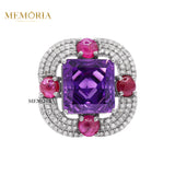 Natural Amethyst, Ruby Gemstone With Diamond 925 Sterling Silver Ring