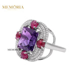 Natural Amethyst, Ruby Gemstone With Diamond 925 Sterling Silver Ring