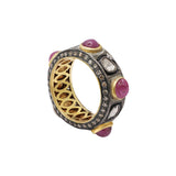 Natural Ruby Gemstone and Polki Diamond 925 Sterling Silver Gold Plated Band Ring