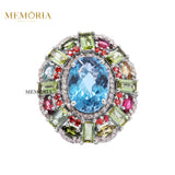 Natural Blue Topaz Gemstone With Diamond 925 Sterling Silver Ring