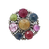 Natural Ruby, Blue and Yellow Pink Sapphire Gemstone and Diamond 925 Silver Ring
