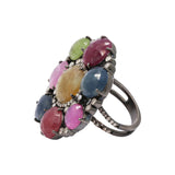 Natural Ruby, Blue and Yellow Pink Sapphire Gemstone and Diamond 925 Silver Ring
