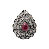 Ruby Pear Shaped Gemstone and Polki Diamond 925 Sterling Silver Ring