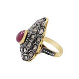 Ruby Pear Shaped Gemstone and Polki Diamond 925 Sterling Silver Ring