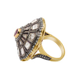 Polki Diamond and Ruby Gemstone 925 Sterling Silver Gold Plated Designer Ring