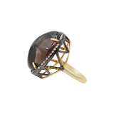 Natural Smokey Quartz Gemstone With Diamond 925 Sterling Silver Gold Plated Ring