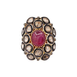 Natural Ruby Gemstone and Polki Diamond 925 Sterling Silver Gold Plated Ring