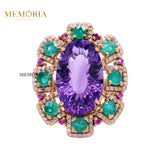 Natural Amethyst, Diamond, Emerald and Sapphire 925 Silver Ring